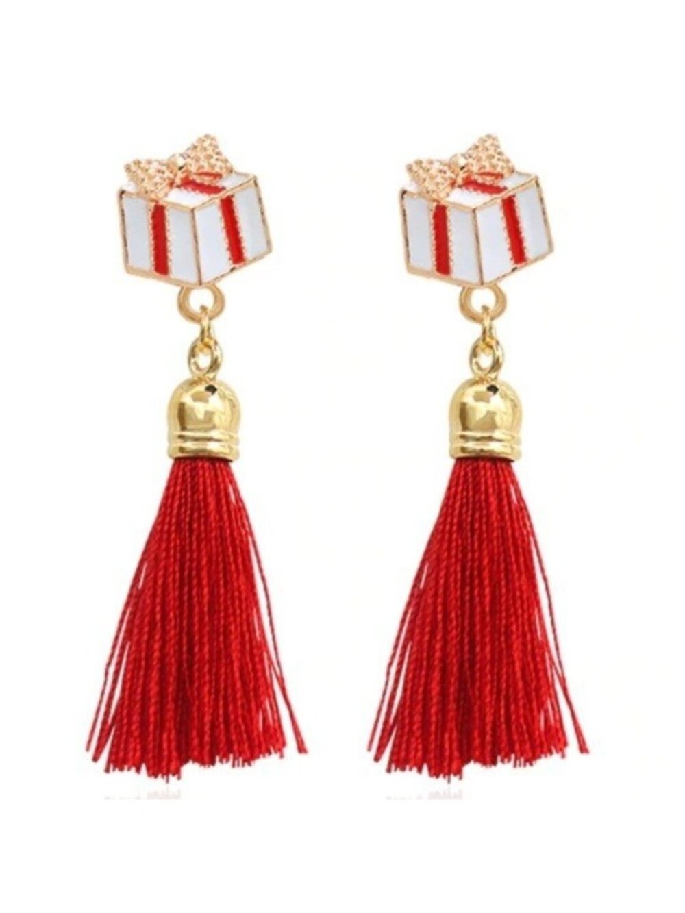 Gold Christmas Present Red Tassel Drop Earrings